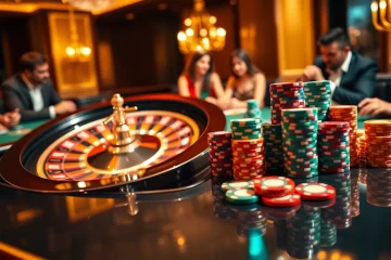 Exciting gameplay at sites de casino en ligne featuring vibrant poker chips and a spinning roulette wheel.