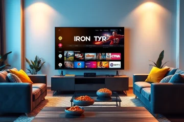 Iron TV Pro interface displayed on a Smart TV in a modern living room.