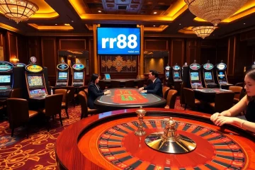 An engaging scene of professional gamblers at tables showcasing the rr88 link, emphasizing excitement and luxury.