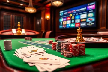 Engage with sites de casino en ligne at a luxurious poker table adorned with vibrant chips and cards.