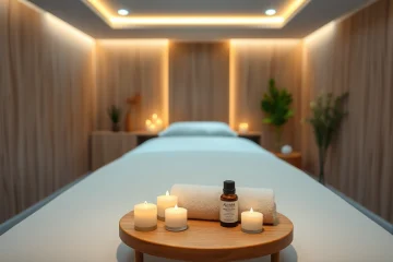 에센셜 오일과 진정 효과가 있는 양초, 마사지 테이블이 마련된 동탄출장마사지의 편안한 분위기.